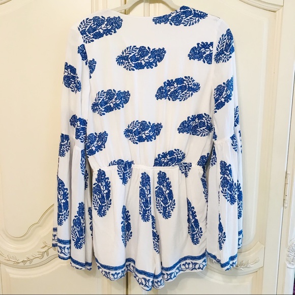 Plunge Neck Boho Summer Front Tie Romper in Royal Blue & White - Picture 2 of 4